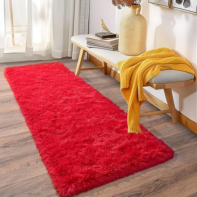 Soft Runner Rugs for Bedroom Hallways, 2x6 Red Fluffy Shag Throw Area Rug Non Slip for Bedside Dorm, Long Shaggy Furry Carpet for Nursery Living Room