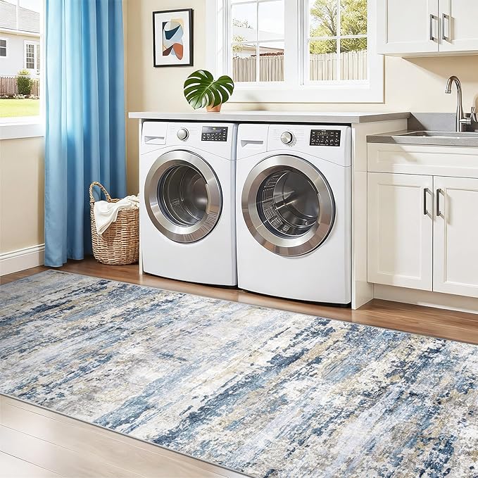 Area Rugs 2x8 Runner Rug: Washable Hallway Rug Modern Abstract Neutral Soft Non-Slip Low-Pile Indoor Carpet for Kitchen Bedside Entrance Laundry (Blue Grey Brown, 2'x8')