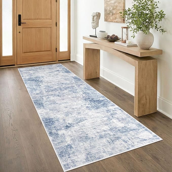 IOHOUZE Abstract Runner Rug 3x8 Ft Washable Runners for Hallways, Non Slip Kitchen Runner Printed Faux Wool Entryway Runners Indoor, Modern Abstract Floor Carpet for Hall Bedroom, Light Blue Grey