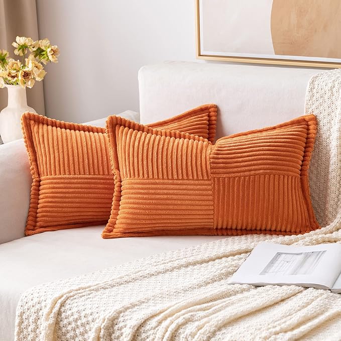 MIULEE Orange Decorative Lumbar Throw Pillow Covers for Couch Bed Livingroom 12x20 Inch Set of 2 Boho Accent Throw Pllows Broadside Striped Patchwork Soft Corduroy Pillowcases