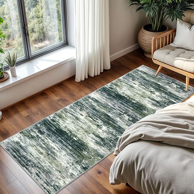 KOZYFLY Kitchen Runner Rug for Hallway Non-Slip Modern Abstract Runner Rug 2x5 Green Yellow, Washable Carpet Runner Laundry Room Mat with Soft Low Pile for Entryway Bathroom Bedroom Kitchen