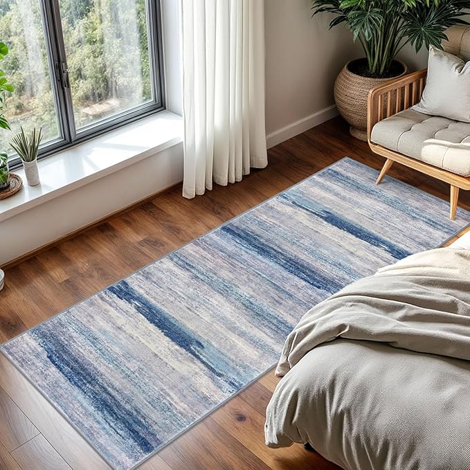 KOZYFLY Modern Abstract Washable Rug Runner 2x5 Hallway Rug Runner Non-Slip Soft Kitchen Runner Rugs, Blue/Grey/Beige Striped Carpet for Entryway Bathroom Laundry Room Foyer