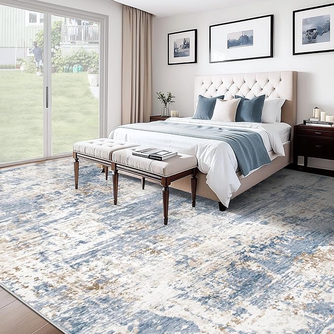XLUEZ 10x12 Area Rug for Living Room, Washable Modern Abstract Large Area Rug Neutral Soft Non Slip Kids Rug Stain Resistant Indoor Carpet for Bedroom Dining Room Playroom Home Office(Blue, 10'x12')