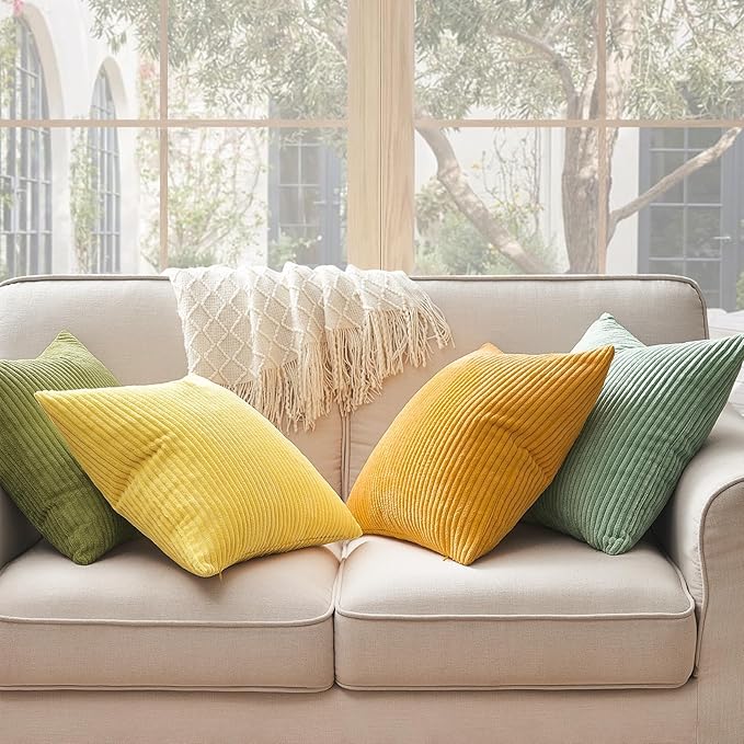 Topfinel 20x20 Oversized Throw Pillows Covers Set of 4 Euro Shams,Farmhouse Yellow Green Mix and Match Cushion Cases,Corduroy Striped Accent Pillows for Vanilla Girl Room Decor