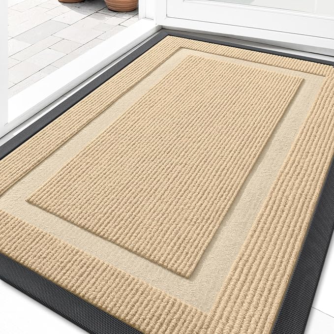 OLANLY Front Door Mat Indoor Outdoor Entrance, Waterproof All-Season, All-Weather Doormat, Sturdy Natural Rubber, Fade Resistant, Low Profile, Easy Clean Patio Porch Entryway Mat, 29.5x17, Beige