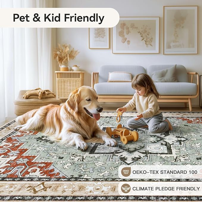 8x10 Area Rugs, Large Area Rug for Living Room, Floral Washable Area Rug for Bedroom, Office, Dining Room, Non-Slip Vintage Boho Rug, Low-Pile Soft Carpet, Traditional Oriental Style, Beige Orange