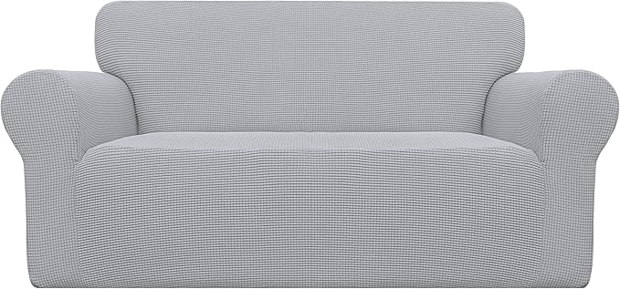 Easy-Going Stretch Loveseat Slipcover 1-Piece Sofa Cover Furniture Protector Couch Soft with Elastic Bottom for Kids Polyester Spandex Jacquard Fabric Small Checks (Loveseat, Silver Gray)