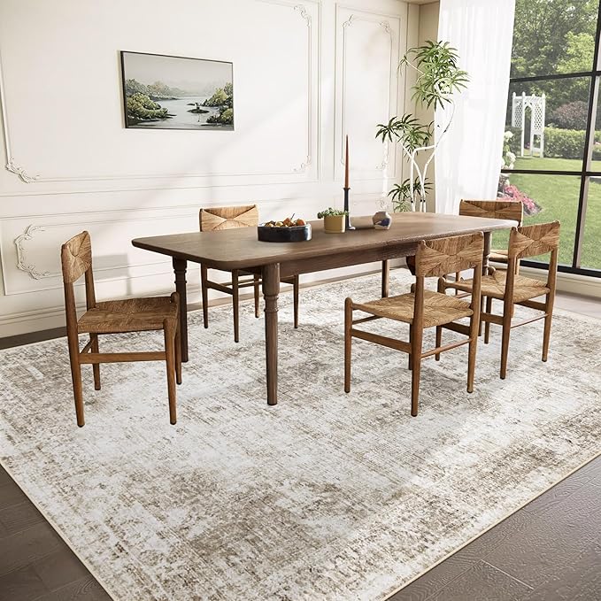 Area Rug 10x14 Washable Rug, Vintage Boho Medallion Rugs Non-Slip Soft Low Pile Large Distressed Rug Indoor Retro Carpet for Living Room Bedroom Dining Room Home Office (Taupe, 10'x14')