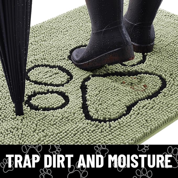 Smiry Dog Door Mat for Muddy Paws, Absorbent Dirt Trapper Non Slip Quick Dry Washable Chenille Mat for Mud Dogs, Entry Rug for Indoor and Outdoor (36x24 Inches, Sage Green and Black)