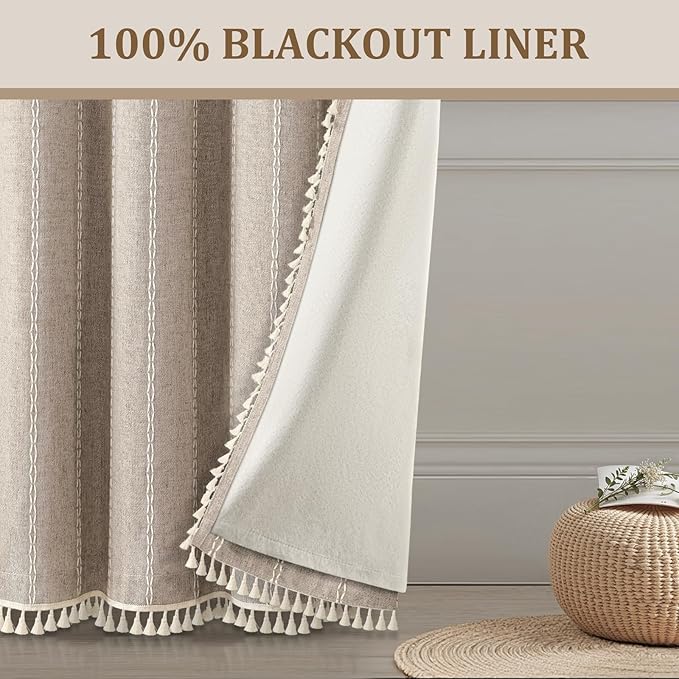 Brown Boho Blackout Curtains 2 Panels 84 Inch for Living Room Bedroom, Warm Taupe Linen Texture Farmhouse Curtains with Tassels and White Cotton Embroidery Vintage Rustic Country Western