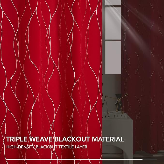 Deconovo Short Blackout Curtains, Christmas Red Curtain, Thermal Insulated Soundproof Drapes, Wave Line Dots Foil Print, 38 x 54 Inch, 2 Panels, Machine‑Washable Window Drape for Kitchen Small Window