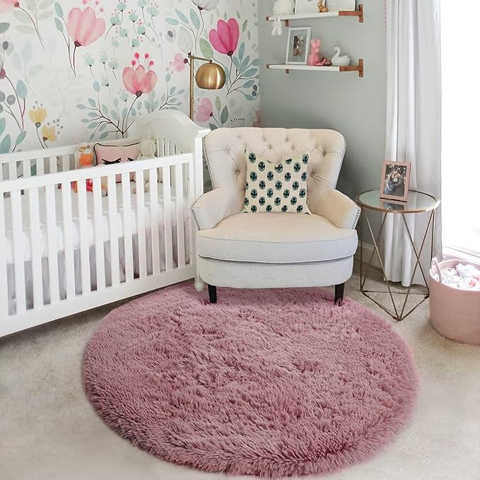 Amdrebio Blush Fluffy Round Rug 4Ft for Bedroom, Fuzzy Furry Circle Area Rugs for Kids Room Decor Aesthetic, Shaggy Circular Carpet for Girls Nursery Dorm Baby Teen, Cute Neutral Dusty Rose Mauve Rug