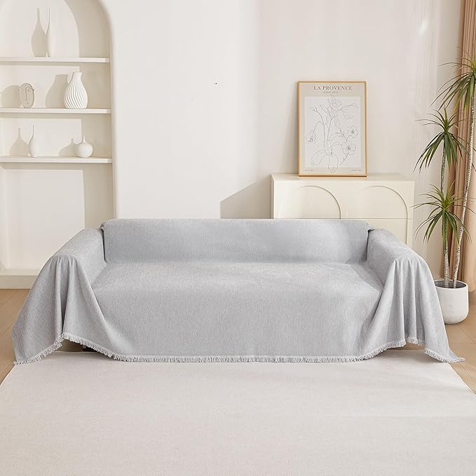 MYSKY HOME Couch Cover for Pets Light Grey Couch Covers for 2 Cushion Couch Sofa Simple Tassel Sofa Covers for Loveseat L Shaped Chenille Couch Cushion Covers for Dogs Kids Easy Install,91" X118"