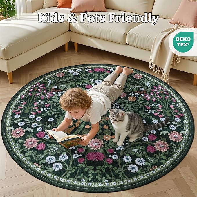 Round Area Rug for Living Room: 6 ft Floral Washable Circle Rug Soft Boho Non-Slip Carpet Indoor Stain Resistant Low Pile Small Circular Rug for Bedroom Entryway Kitchen Nursery Home Office Dark Green