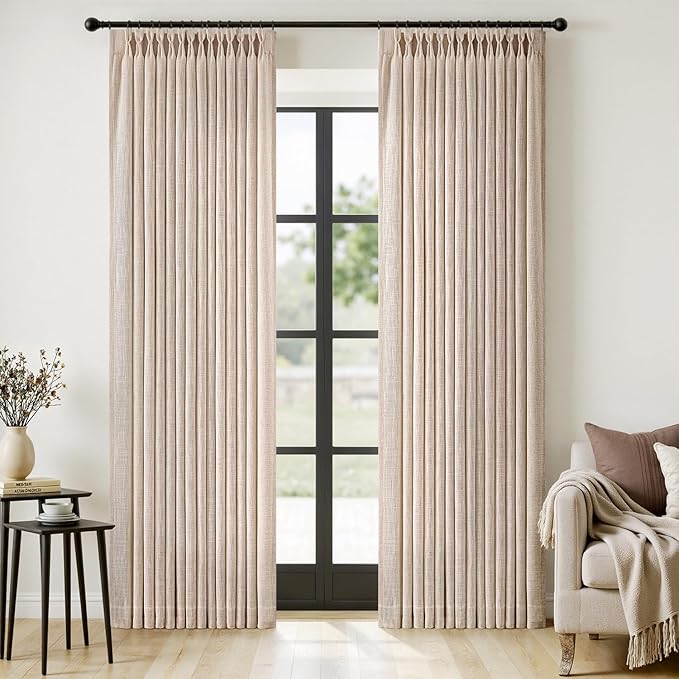 MIULEE Pinch Pleated Thick Linen Curtains 84 Inches Long 2 Panels for Living Room Bedroom, Linen Textured Memory Trained Drapes Pleat Back Tab Light Filtering Sand Beige Window Curtains with Hooks