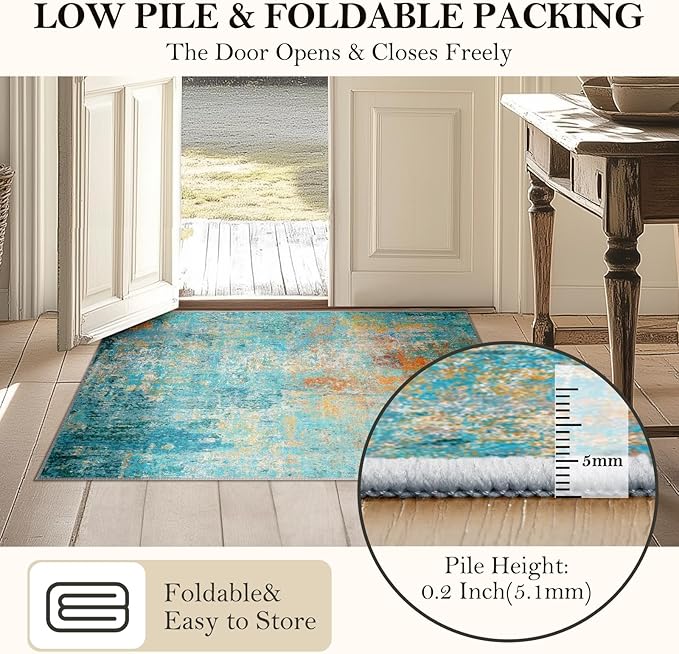 Washable Area Rugs 6'x9' Non-Slip Modern Abstract Soft for Living Room Entryway Bedroom Nursery, Print Pattern, Teal Blue Green Orange Rust Red Coloreful