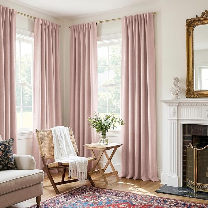 100% Blackout Shield Blush Linen Blackout Curtains for Bedroom 90 Inches Long, Back Tab/Rod Pocket Living Room Drapes, Thermal Insulated Blackout Curtains 2 Panels Set, 50" W x 90" L