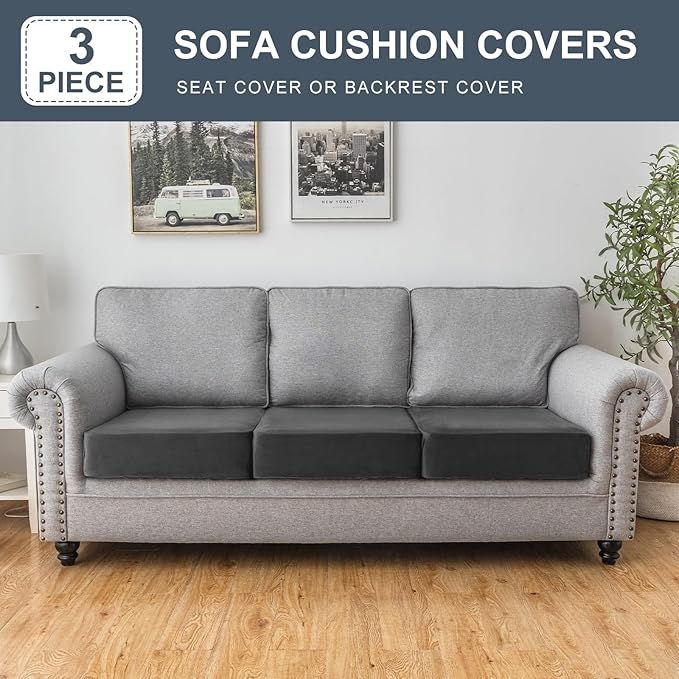 Couch Cover Stretch Velvet Sofa Cushion Cover 3-Piece - Elastic Washable Slipcover for Seat or Backrest, Couch Seat Covers for Sofas (Grey)