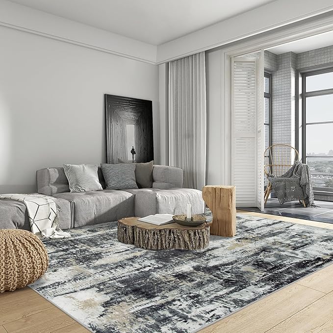 5x7 Area Rugs Washable Rug: Modern Abstract Living Room Rug Soft Anti-Skid Thin Carpet Indoor Floor Non-Shedding Carpets for Bedroom Dining Room Farmhouse Nursery Home Office Black Grey Gold