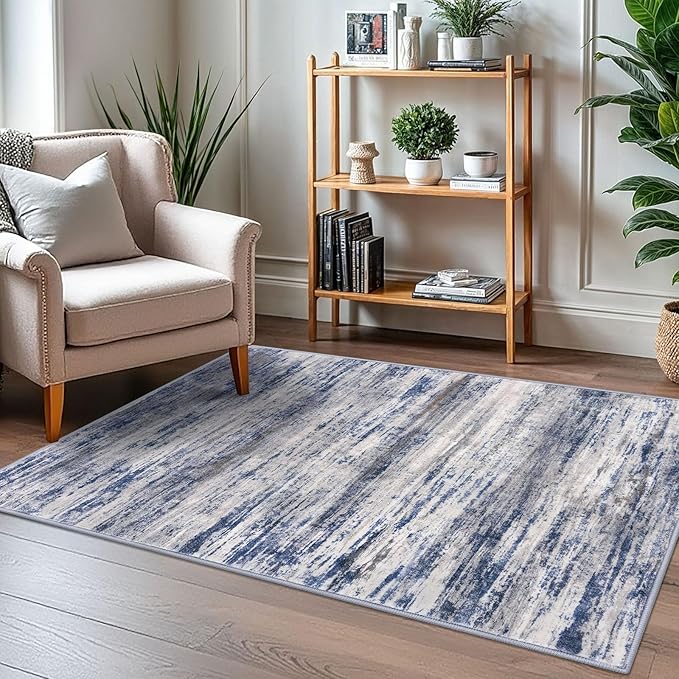 KOZYFLY Abstract Modern Washable 3x5 Area Rug Non-Slip Kitchen & Entryway Rug, Grey Blue Throw Rugs Indoor Mat for High-Traffic Door Entrance, Laundry, Nursery, Soft Bedroom Living Room Accent