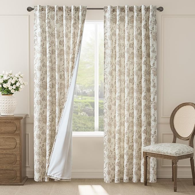 jinchan Lined Linen Floral Curtains for Living Room, 84 Inch Length Printed Flower Farmhouse Patterned French Country Back Tab Taupe Window Drapes Set Privacy Bedroom Curtains, 2 Panels