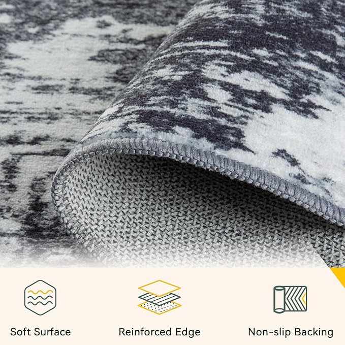Washable Area Rugs 5'x7' Non-Slip Modern Abstract Soft for Living Room Entryway Bedroom Nursery, Print Pattern, Black Navy Blue Gray