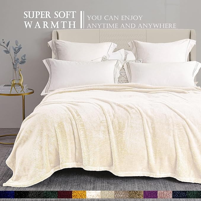 Exclusivo Mezcla Plush Fuzzy Fleece Bed Blanket Queen Size, Super Soft, Fluffy and Warm Blankets for Couch, Bed, All Season (Ivory, 90x90 inches)