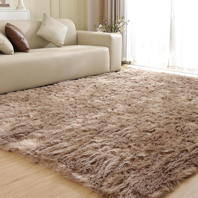 ORINOVA Fluffy Beige 8X10 Area Rug Faux Sheepskin Shaggy Fur Rug Washable for Living Room Bedroom Nursery Teen Room Home Décor
