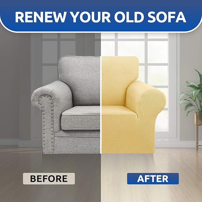 KEKUOU Stretch Single Sofa Slipcover 1 Piece Couch Sofa Cover (31"-55") Furniture Protector 1 Seater Sofa with Elastic Bottom for Kids,Pet.Jacquard Small Checked Pattern Fabric(Small,Champagne)