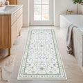 Hazo Haus Washable Oushak Bathroom Runner Rug 2x5 - Eclectic Boho Floral Pastel, Non Slip Low Pile Stain Resistant Small Throw Rug for Bedroom, Laundry Room, Powder Room, Cream Green