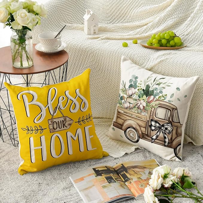 AVOIN colorlife Bless Our Home Farmhouse Eucalyptus Leaves Throw Pillow Covers, 20 x 20 Inch Yellow Truck Home Sweet Cushion Case Decorations Set of 4