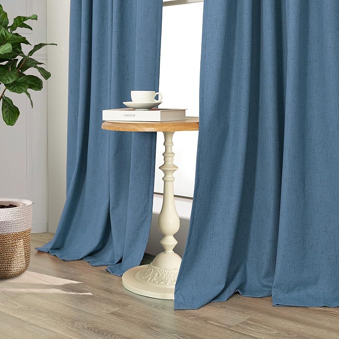Denim Blue Living Room Black Out Curtains 63 Inch Long Insulated Thermal Darkening Kitchen Drape for Windows Over Sink Boho Linen Textured Blackout Curtain for Dining Room Kids Bedroom Basement Office