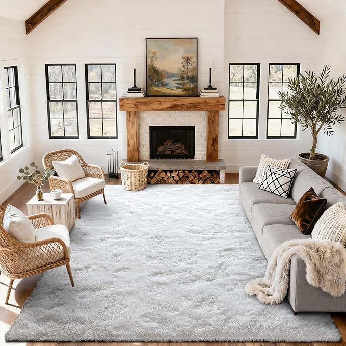 9x12 Ft Extra Large Shag Rugs for Living Room, Ultra Soft Fluffy Furry Area Rugs for Bedroom Indoor Floor, Aesthetic Carpet for Kids Home Decor (White)