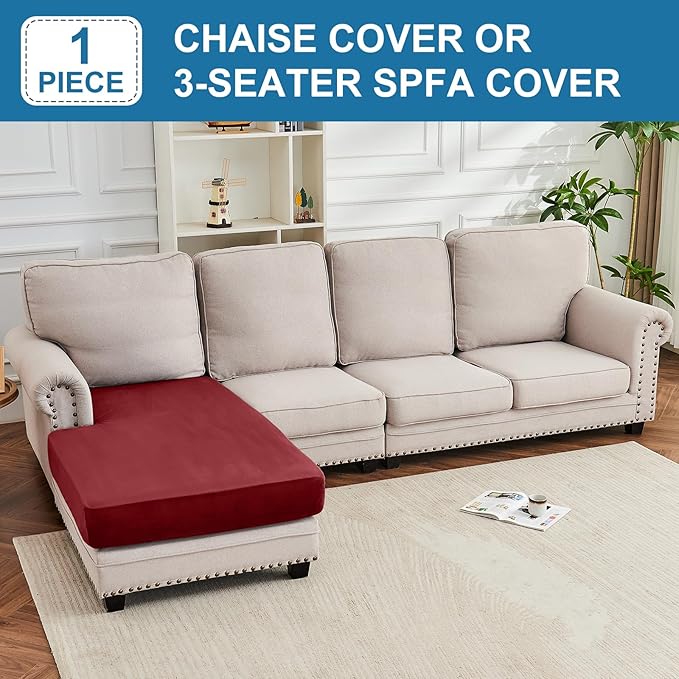 Couch Cover Velvet Chaise Cushion Cover for Sectional Sofas - Elastic L-Shaped Sofa Seat Covers Washable, Slipcover Protector (1-Piece, Christmas Red)