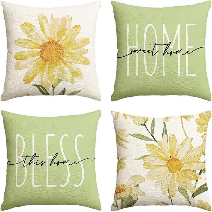 AVOIN colorlife Home Sweet Home Spring Summer Flowers Green Throw Pillow Covers, 20 x 20 Inch Cushion Case for Sofa Couch Set of 4