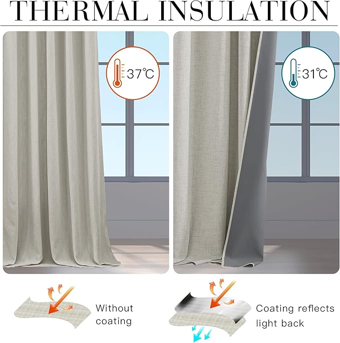 RYB HOME 100% Blackout Cream Curtains, Linen Texture Thermal Insulated Drapes for Bedroom/Living Room/Office/Nuesery, Privacy Farmhouse Full Blackout Window Treatment, W52xL90 Inch Long, 2 Panels