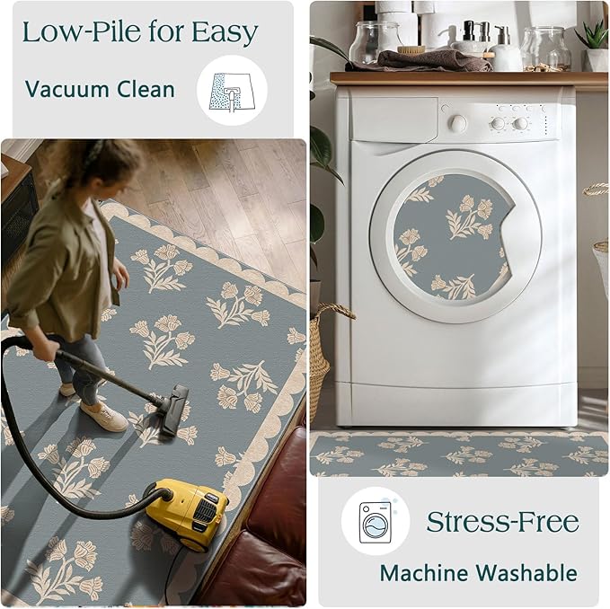 Front Door Mat Indoor Entrance - 2x4.3 Ft Floral Washable Layered Doormat Outdoor Entrance Porch Rug Non-Slip Blue Retro Farmhouse Runner Rug for Kitchen Bedroom Laundry Room Porch Decor