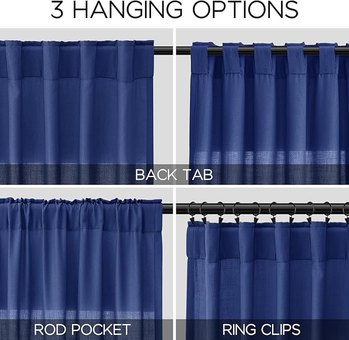 Nanspring Classic Blue Linen Curtains 108 Inches Long for Living Room Bedroom 2 Panels Set Extra Long Back Tab Curtain Light Filtering Sheer Drapes Floor to Ceiling Curtain for Large Windows 52x108