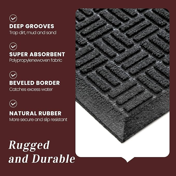 Mibao Front Door Mat Indoor Outdoor Entrance, Dirt Trapping Waterproof All-Season, All-Weather Doormat, Non-Slip Durable Natural Rubber Low Profile Easy Clean Patio Entrance Mat, 36" x 24", Black