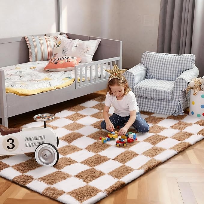Ophanie Checkered Beige & White Rug for Living Room Bedroom, Fluffy Soft Cute Fuzzy Area Rugs, Shag Plush Shaggy Bedside Floor 4x6 Furry Carpet for Kids Baby Teen Dorm Nursery Home Decor Aesthetic