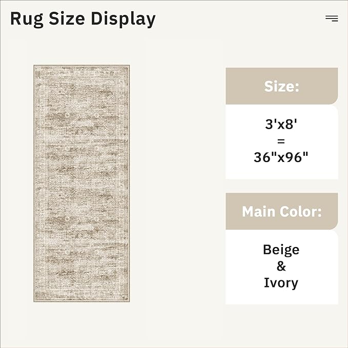 Runner Rug 3x8 Washable Non-Slip Hallway Runner Rugs for Kitchen Bathroom Laundry Room Brown Vintage Floor Carpet Runners for Hallways Entryway