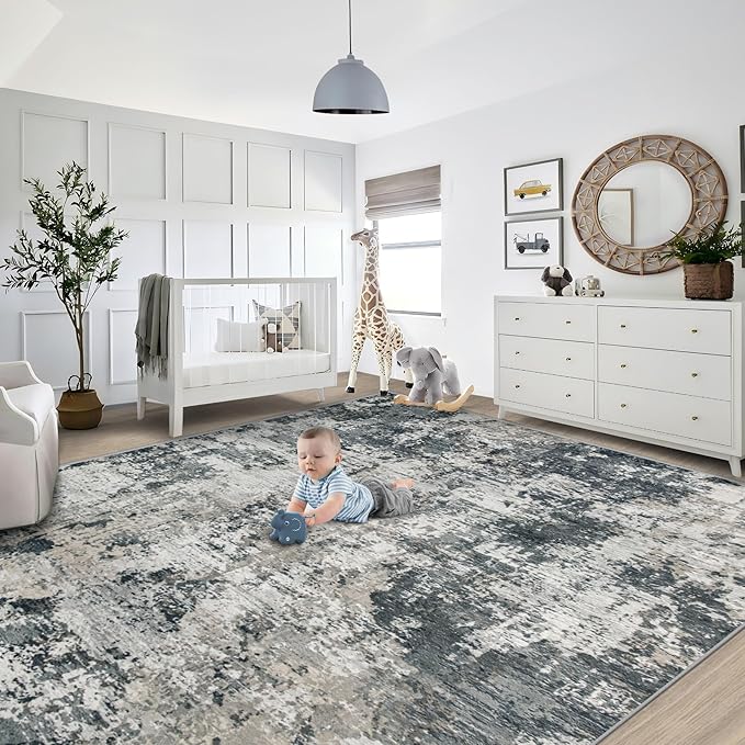 9x12 Area Rug for Living Room, Washable Modern Abstract Large Area Rug Neutral Soft Non Slip Kids Rug Stain Resistant Indoor Carpet for Bedroom Dining Room Playroom Office(GreyWhite, 9'x12')