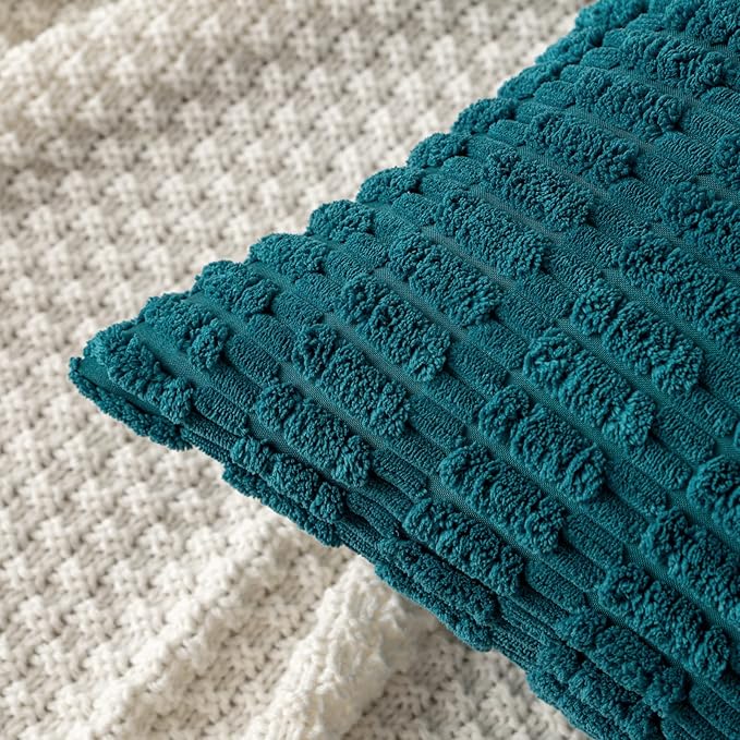MIULEE Pack of 2 Corduroy Decorative Throw Pillow Covers 18x18 Inch Soft Boho Striped Pillow Covers Modern Farmhouse Home Decor for Summer Coastal Sofa Living Room Couch Bed Teal