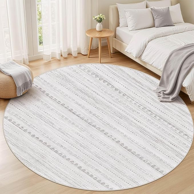 Nakagishi Round Rug Boho Area Rugs: 5x5 Washable Large Circle Neutral Soft Stain Resistant Non-Slip Carpet for Women Aged 25-45 Farmhouse Decor Enthusiasts - Living Room Bedroom Dining Room Nursery
