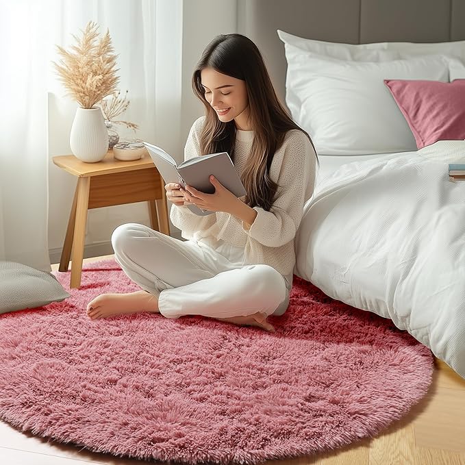 ONASAR Blush Round Rugs 6ft for Living Room Bedroom, Fluffy Circle Area Rug for Kids Girls Boys Teen, Soft Plush Shaggy Carpet for Nursery Dorm Classroom Playroom Home Decor Aesthetic
