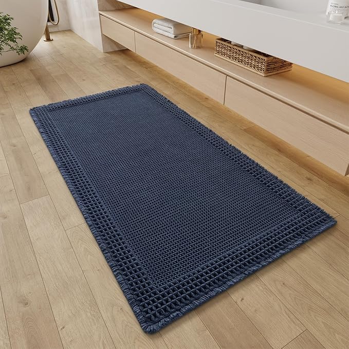 RESARE Waffle Bathroom Runner Rugs, Super Absorbent Bath Mat Non Slip Washable Quick Dry, Upgraded Ultra Soft Boho Bath Rugs with Tassels for Hallway Bedroom Laundry Room, 2'x4'(24"x48"), Navy