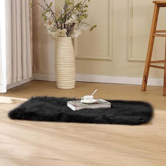 ORINOVA Black Faux Sheepskin Washable Fluffy Fur Area Rugs for Bedroom Small Fuzzy Carpet for Living Room 2x3 Boho Nursery Rug