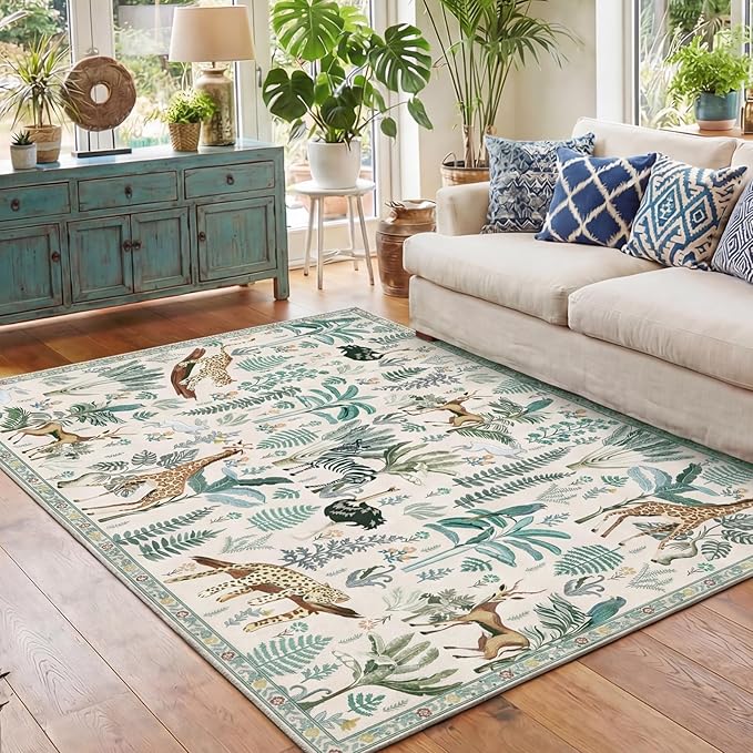 OPPODREAM Animal Soft Area Rugs 5x7, Washable Beige Rug with Non Slip Backing, 5 x 7 Faux Cashmere Low-Pile 5x7 Carpet