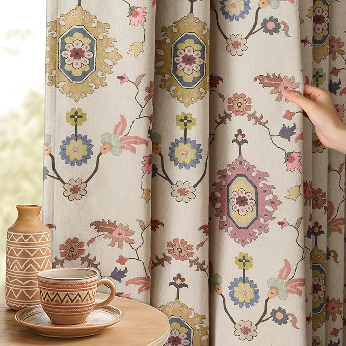 Boho Floral Blackout Curtains for Living Room, Beige Linen Textured Drapes with Colorful Bohemian Print 84 Inches Long 2 Panels Set Vintage Farmhouse Rustic Window Curtains Grommet Top