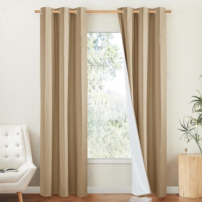 NICETOWN 100% Absolutely Blackout Linen Curtains with Thermal Insulated White Liner, Camel, W42 x L84, 2 Panels, Long Curtains 84 inch Length for Patio Door, Doorway, Office, Overnight Shiftworker